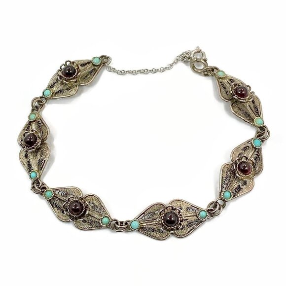 Cannetille Bracelet, Garnet,Sterling Silver, Israel, Wire Work, Filagree, Vintag - Picture 3 of 5